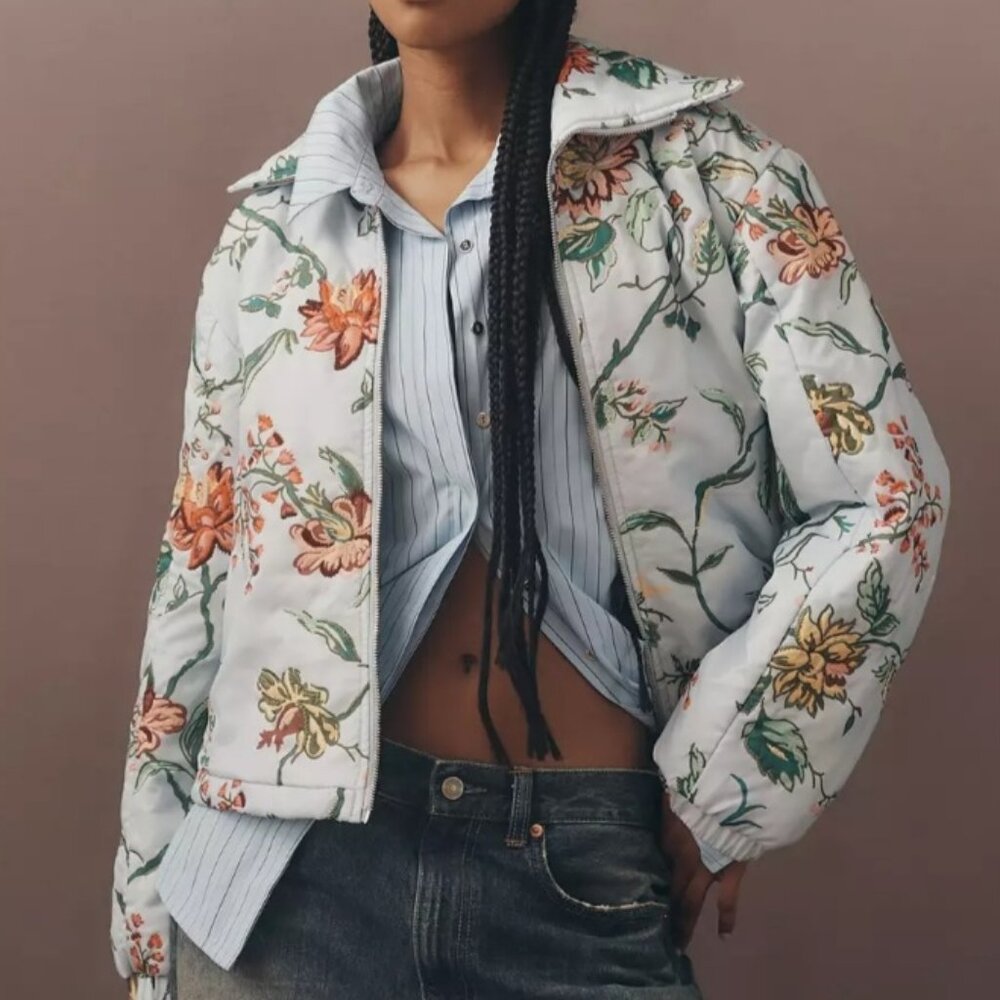 Anthropologie Dahlia Floral Bomber Jacket - Light Blue - L - NWT